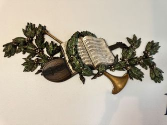 Lute Horn Wall Art Burwood 4386 Vintage 16"x43" Plaque Leaves Berries Music