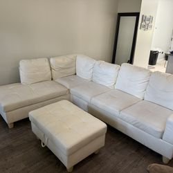 White Faux Leather Sectional with Ottoman 