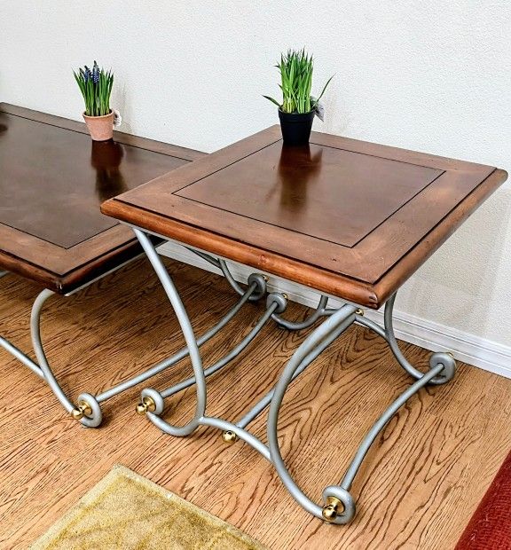 Vintage Brown Silver Metallic Heavy Sturdy Metal Rectangular Coffee Table + Pair Square End Side Tables Set