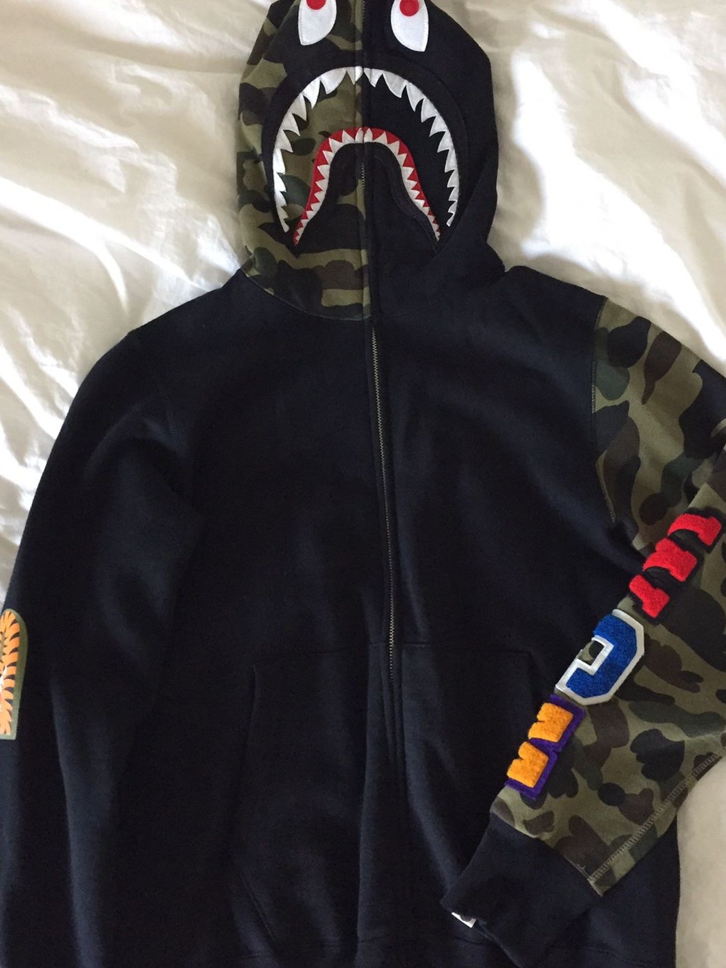 Bape Shark Full Zip Hoodie Camo Sleeve Sz. M