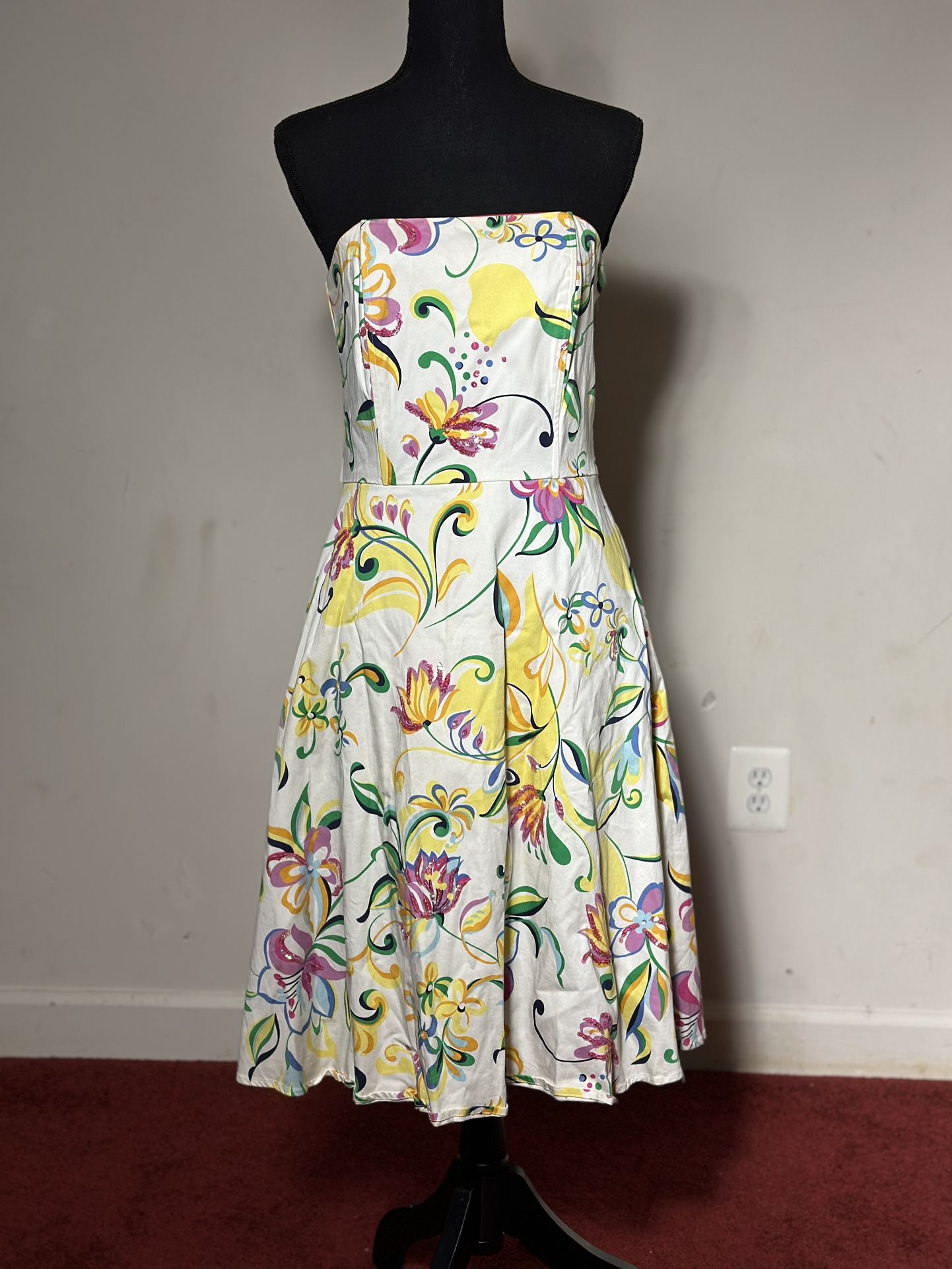 White Bright Color Floral Sequin Strapless Dress