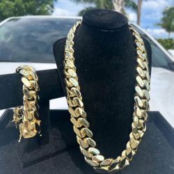 Set Chain & Bracelet 20mm Miami Cuban Link Yellow Gold Plated Chain Necklace 18k & 14k Crab Old School Regular Lock