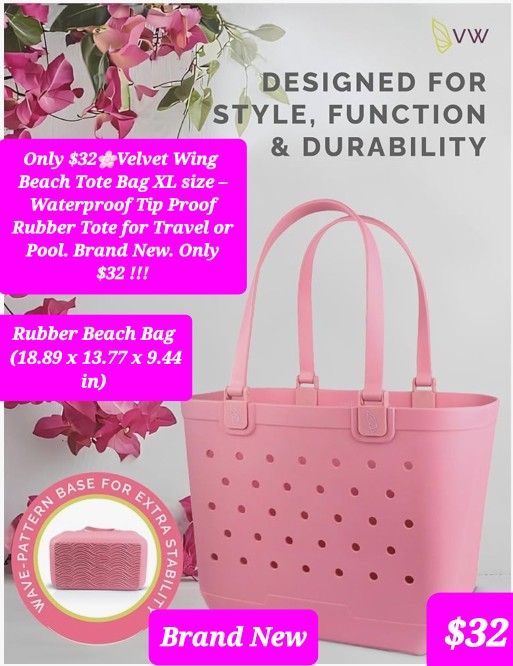 $32🌸Beach Tote Bag by Velvet Wing XL size – Waterproof Tip Proof Rubber Tote for Travel or Pool. Brand New. Only $32 !!!