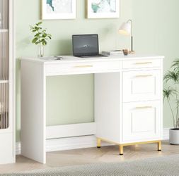 White Desk with Drawers, 43 Inch Desk with Storage
4 Storage Drawers, Golden Handles, Computer Desk with Storage, Home Office Desk for Bedroom, Study