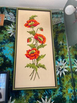 Vintage Mid century 1970's Poppy Crewel Embroidery