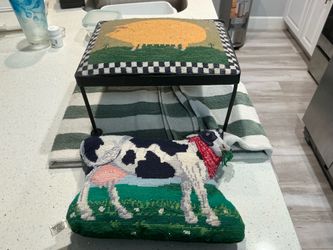 Vintage Farmhouse Needlepoint Set Cow Pillow and Pig Stool