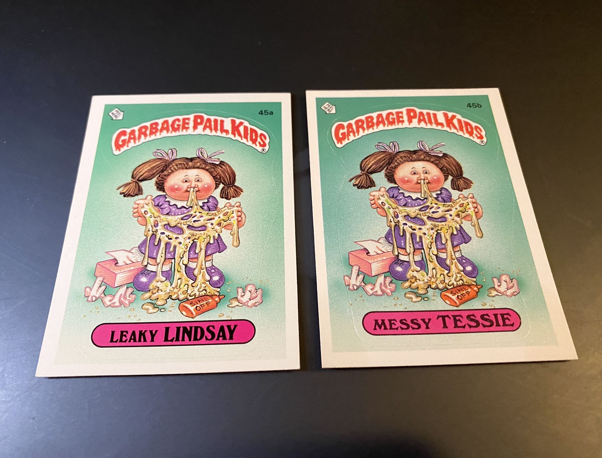 1985 Topps Original Leaky Lindsay 45a & Messy Tessie 45b Garbage Pail Kids 1985