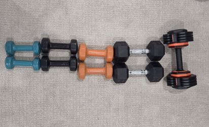 Dumbells: 1 Adjustable 25lb, Set Of 20, 10, 8, And 5