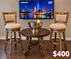 🔥 COMPLETE SET — $400  43” Samsung TV + Ashley Rafferty End Table + 2 Costway 25” Swivel Bar Stools + Iced Wine Holder