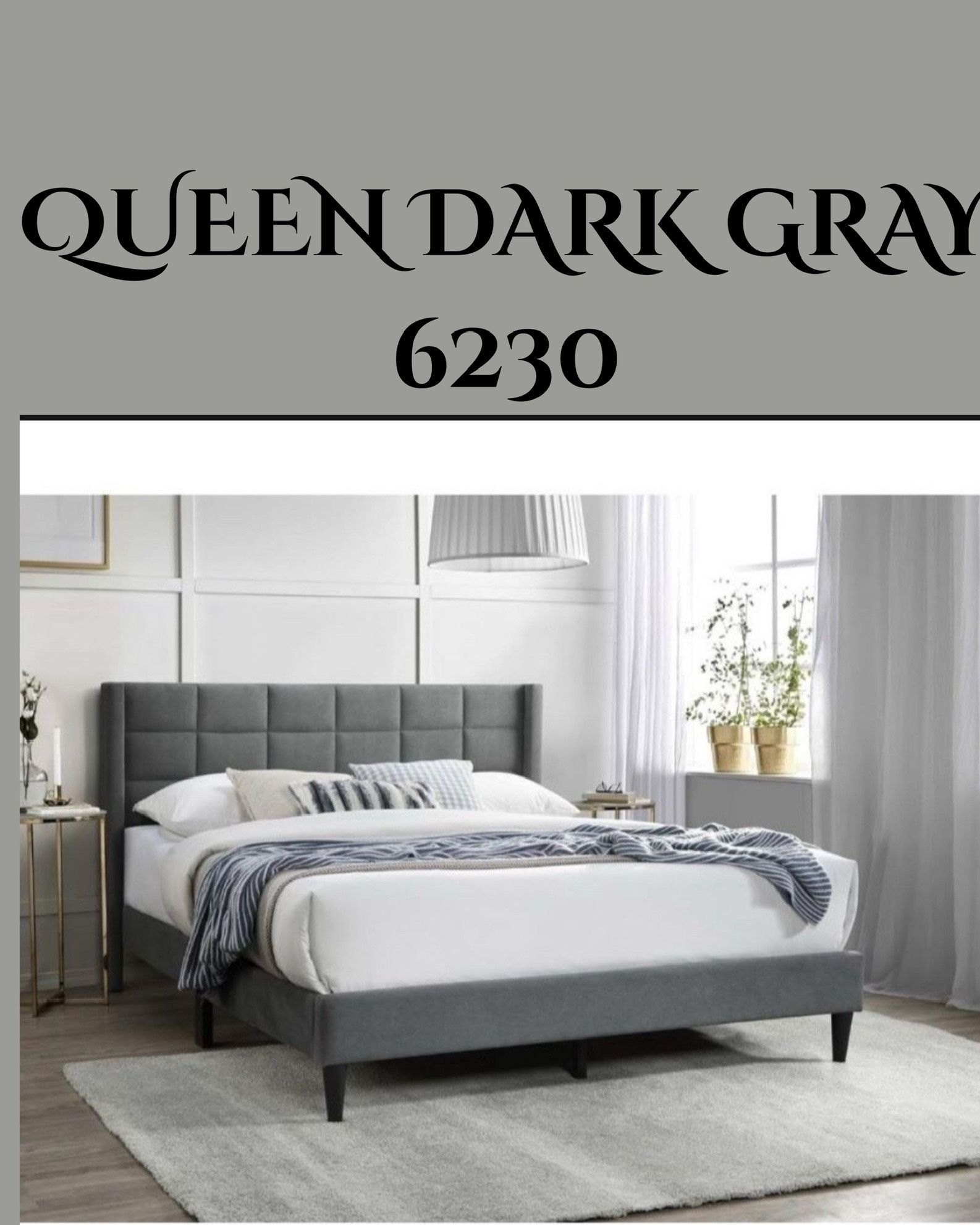 Queen Size Platform Bed Frame with Wingback, Fabric Upholstered Square Stitched Headboard and Wooden Slats, Mattress Foundation(6230 Queen Dark Grey)