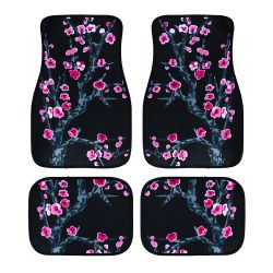 Brand New Universal 4PCS SAKURA FLOWER Racing Black Fabric Car Floor Mats Interior Carpets