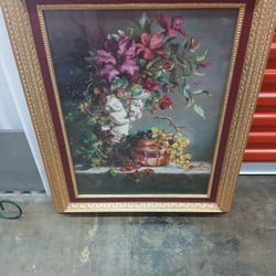 Home Interior Retired Vintage Cherb & Floral Gold Framed Picture