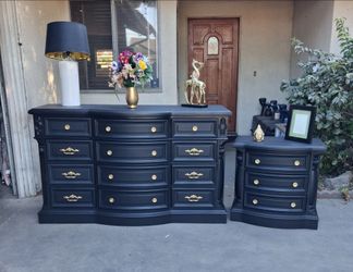 Large 12 Drawer Dresser with 3 Drawer Nightstand- both Solid Wood- Black with Gold