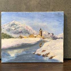c1960 European Winter River Landscape Oil Painting by Mystery Artist