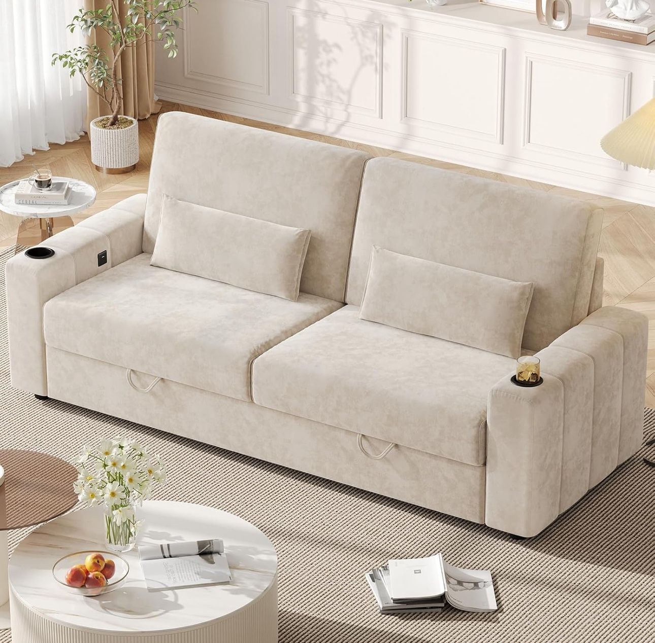 88 Inch Velvet Sofa, Modern Couches with Storage, Dual-Port Charging, Cup Holders, Comfy Heightened Backrests, Easy Installation, Oversize Sofas with