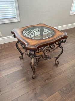 Ornate Wood and Wrought Iron Glass Top End Table
