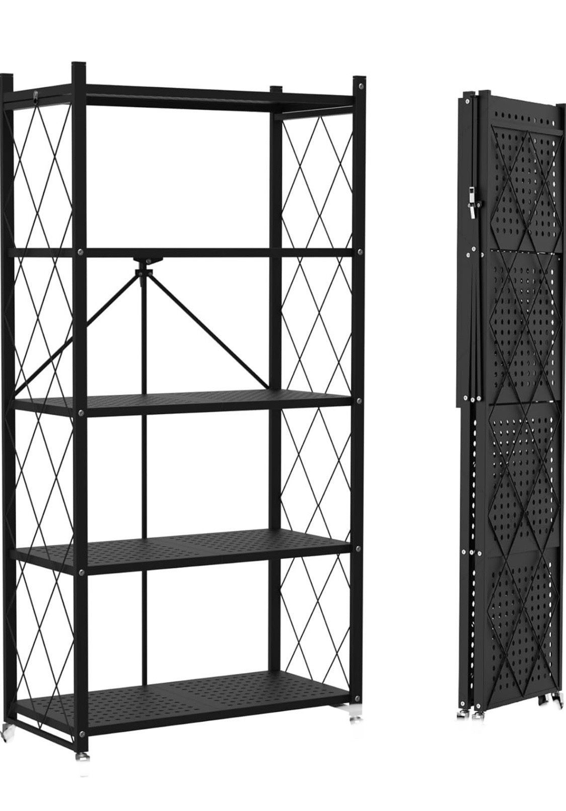 🥨5-Tier Foldable Storage Shelf with Damages - Metal Collapsible Shelving Unit Display, Cart for Organizer, Office Room Decor - Black