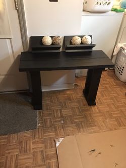 Entryway bench with floating shelves