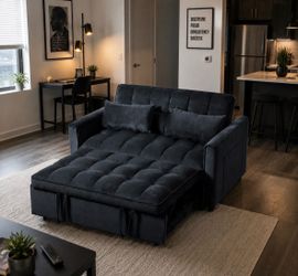 3 in 1 Convertible Sleeper Sofa Bed, Modern Pull Out Couch Bed, Adjustable Backrest, Velvet Loveseat Futon, Black M11