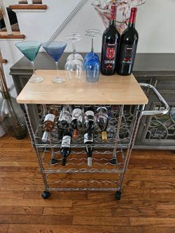 Solid Wood Top Bar Cart With  Wine Bottle Holder Rack