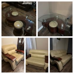 Full Designer Living Room Set | Leather + Glass + Wood (8-Piece Matching Set!)