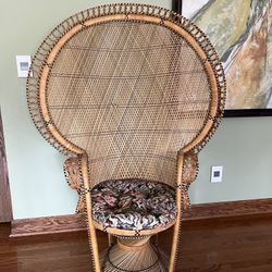 Vintage Large Peacock Rattan Chair With Cushion 