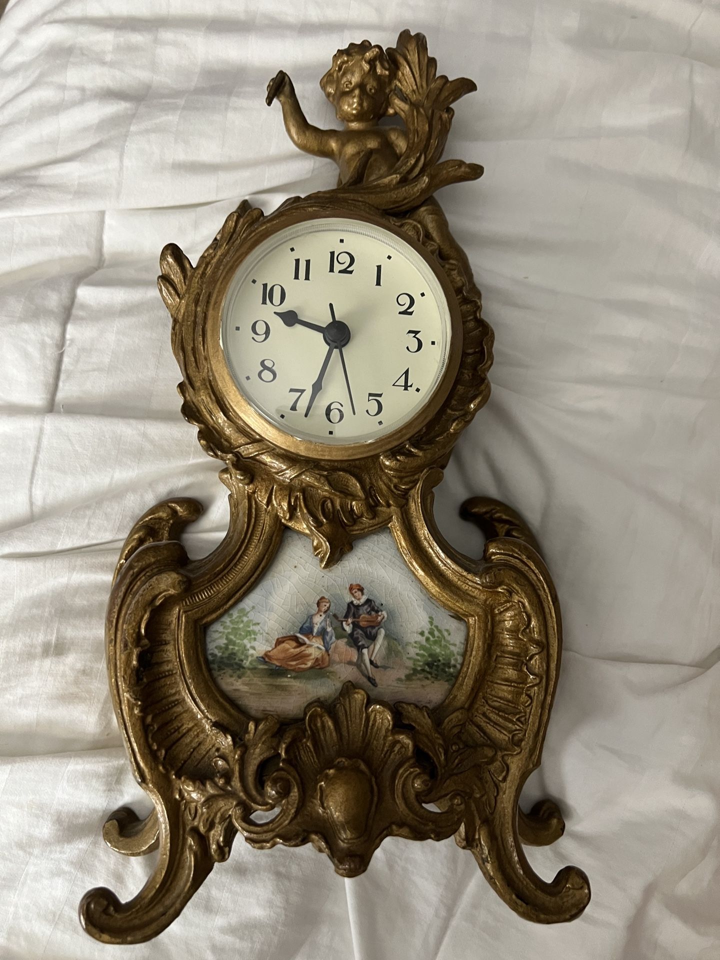 Heavy Gold Mantel Clock Cherub