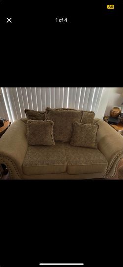 Beige Fabric Loveseat with Throw Pillows