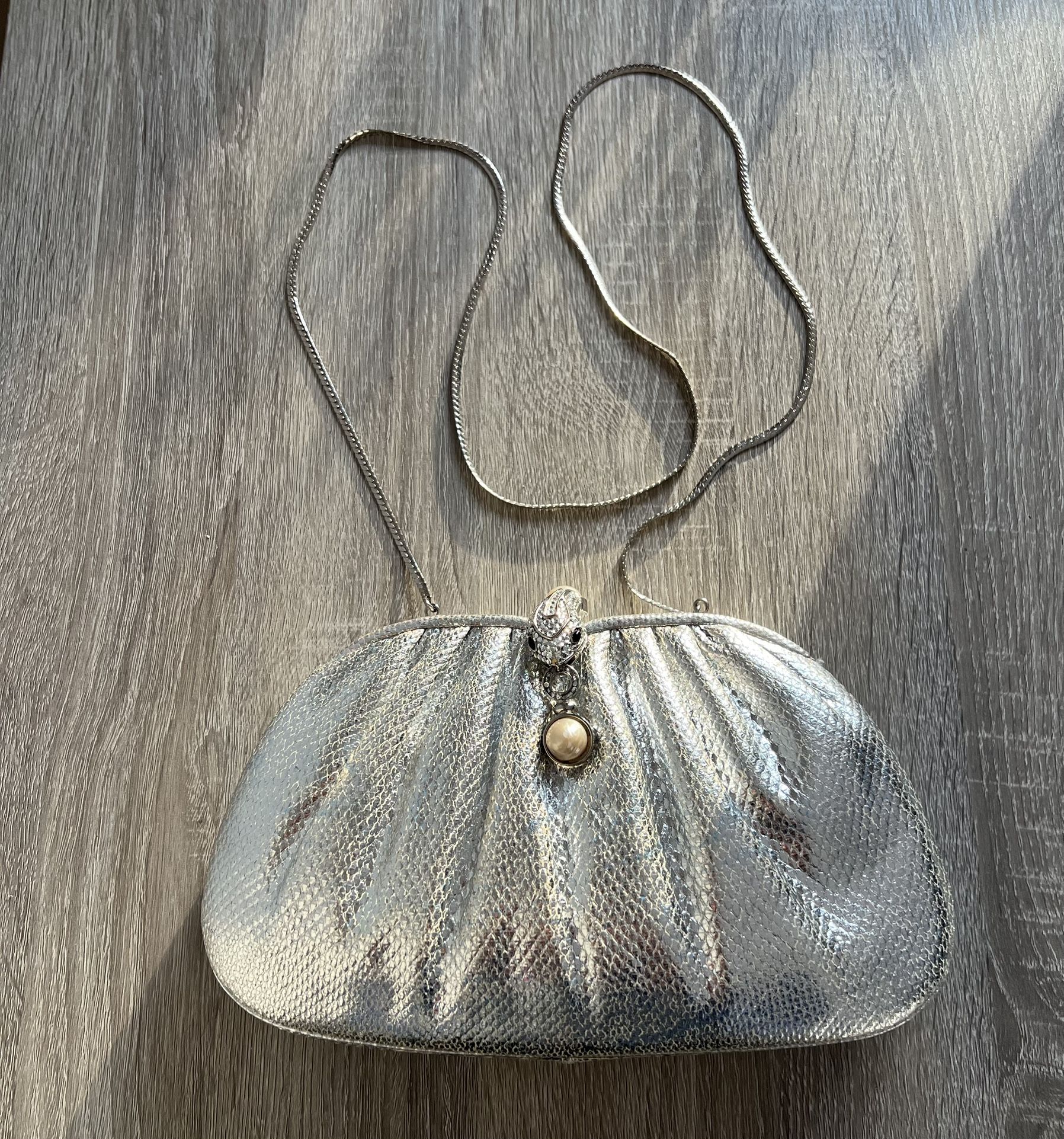 Judith Leiber Faux Snakeskin Silver Evening Bag With Accessories