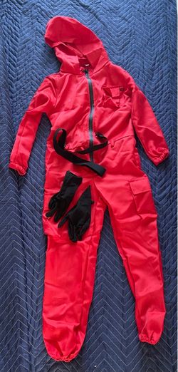Red Hooded Jumpsuit with Belt and Gloves