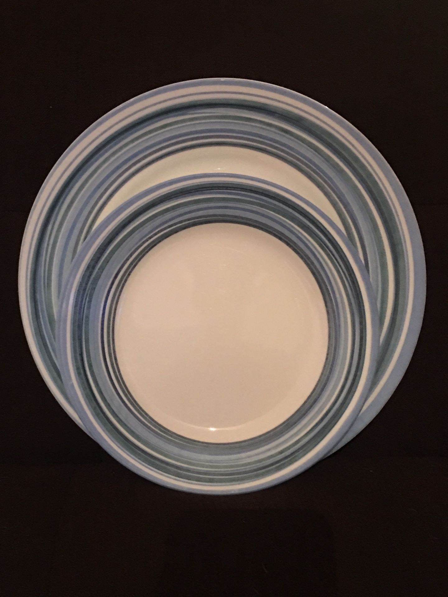 Set of 4 Corelle Dinner Plates & 4 Matching Smaller Plates—Cool Blue Striped Border