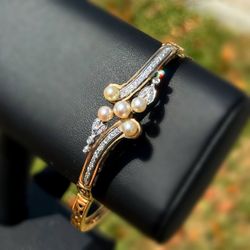 Jewelry Antique 14k solid Yellow Gold bangle natural diamonds pearls 0.70CTW 7.00” 20.9 grams 5.80mm