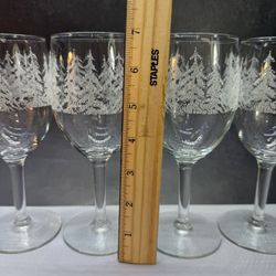 Set of (4) Beautiful Vintage Libbey Etched Wine Glasses - Winter Forest pines Design, Christmas Tree's. 