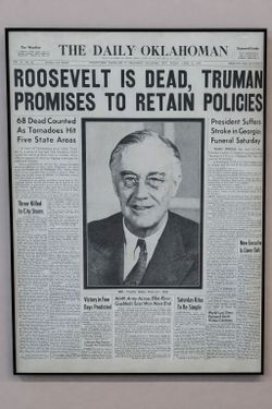 Roosevelt Newspaper - Vintage 1945 Daily Oklahoman Newspaper Roosevelt Death Framed Display WWII