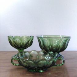 Vintage Anchor Hocking Glass Nappy / Footed Bowl / Comport Dish Avocado Green