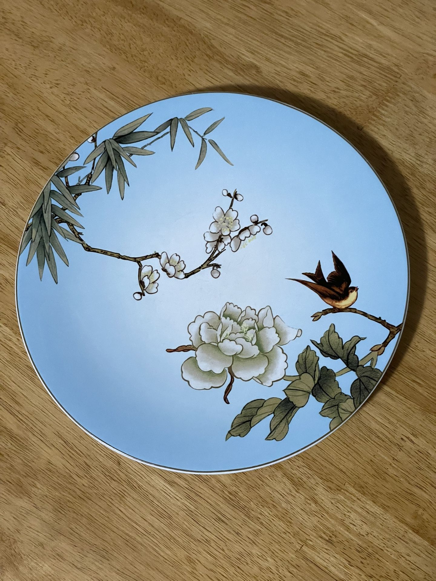Pier 1 Chinoiserie Bird Branch Floral Dinner Plate 11", Blue Background, EUC