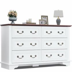 🎉On sale 🎉WLIVE Farmhouse Dresser for Bedroom, 51.97'' Wide Wood 6 Drawer Dresser, Chest of Drawers with Roman Metal Handle, TV Stand for 60 inch TV