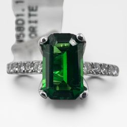 18k White Gold Ring with 1.07Ct. Tsavorite and Diamonds 1.10 Ct. (Size 6.50)