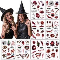 Halloween Temporary Face Tattoo Sticker 3D Zombie Scar Fake Bloody Wound for Cosplay Party Masquerade Prank Prop Decorations, Waterproof Sweatproof Ma
