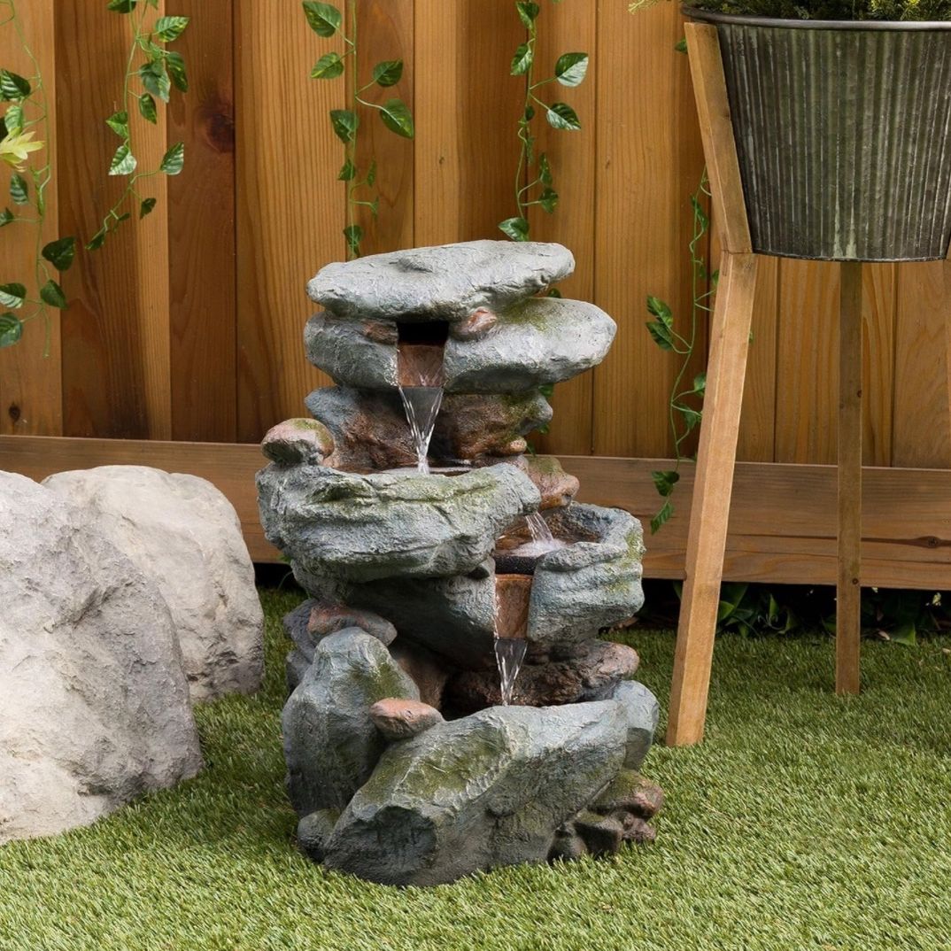 Outdoor Floor 3-Tiered Rock Waterfall Fountain with LED Lights and Natural Stone Look, 22", Gray