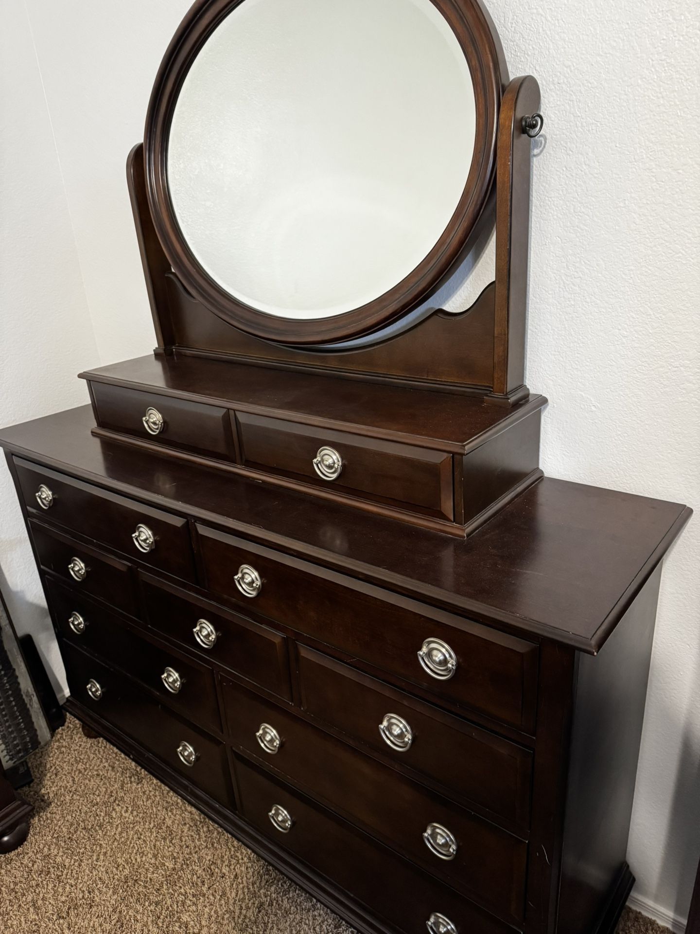 Beautiful Dark Wood 9 Drawer Dresser With Mirror 