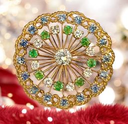 Valentine Gift Art Deco 18k Yellow Gold Diamond Emerald Sapphire Broach/Pendant