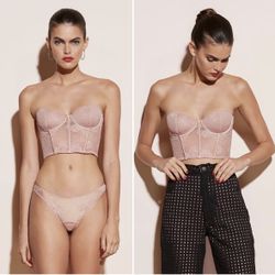 Fleur Du Mal Bouquet strapless stretch lace bustier top in rosewater size 34C