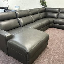 Furniture- 100% Real Genuine Leather 5 Pc Sectional With 2 Power Recliners- Gabrine 