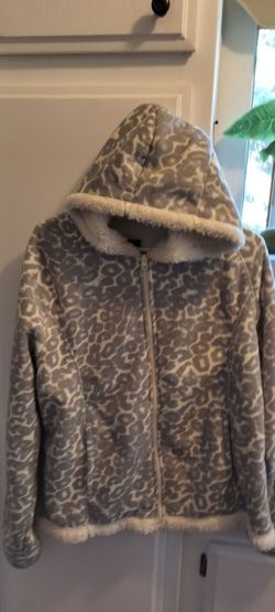 Faded Glory gray and white leopard-print fleece zip-up hoodie