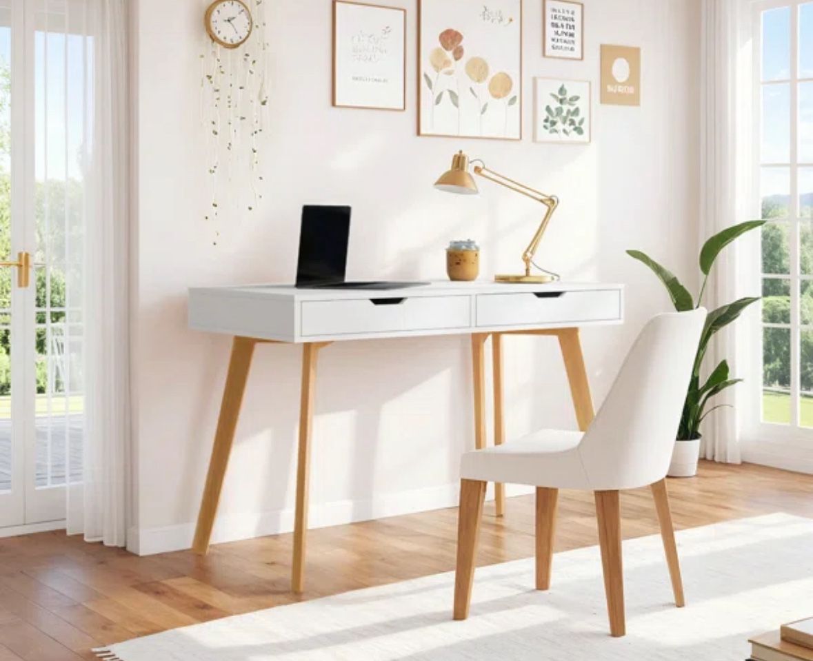 Baber 19.7” Computer Desk With 2 Drawers, White Wooden Writing Desk