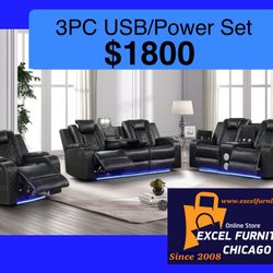 💥FREE DELIVERY💥Brand New LED, USB Power 3PC Reclining Sofa Loveseat Chair Set 