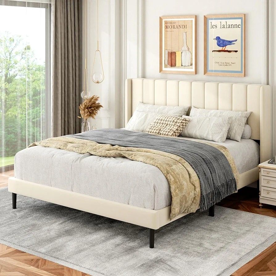 *Brand New* *Brand New* Queen Size Bed Frame with Upholstered Wingback Headboard, Beige (Mattresses Available!)