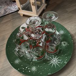 Christmas Glass Platter And 2- Wine Glasses Mutable And 4- Cups Tea Or Coffee Cups Matchable 
