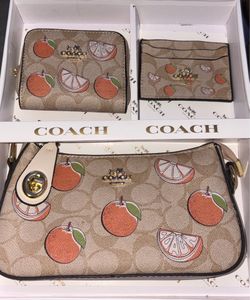 Coach Citrus Print 3 Piece Set Purse + Wallet + Card Holder